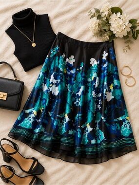Alfani SILK Floral A-Line Skirt Lined Blue Black Green Y2K Fairy Sz 6P EUC